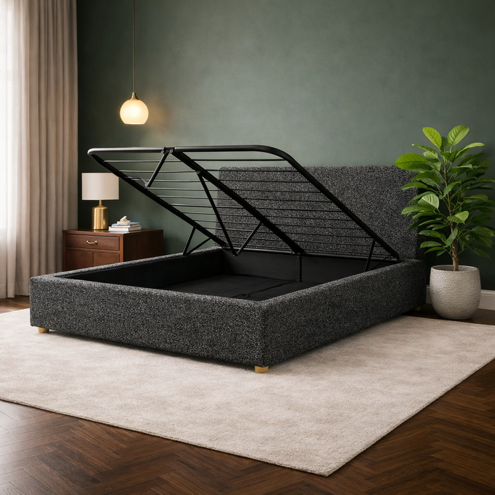 Loft - Lit coffre avec tête de lit et grand coffre Tissu bouclette Gris