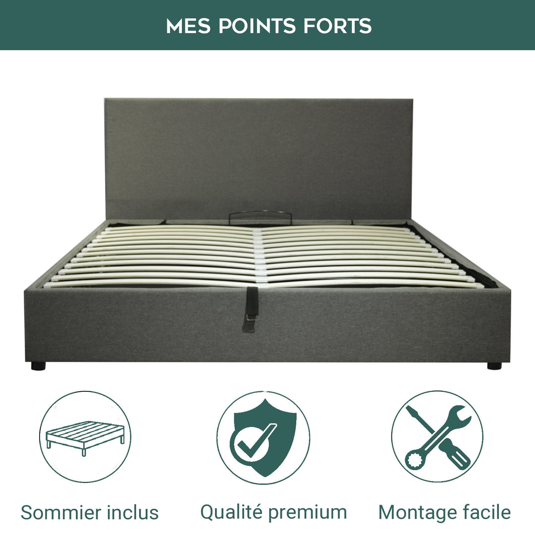 Loft - Lit coffre tissu avec tête de lit et grand coffre