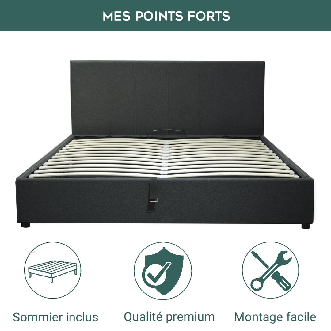 Loft - Lit coffre tissu avec tête de lit et grand coffre