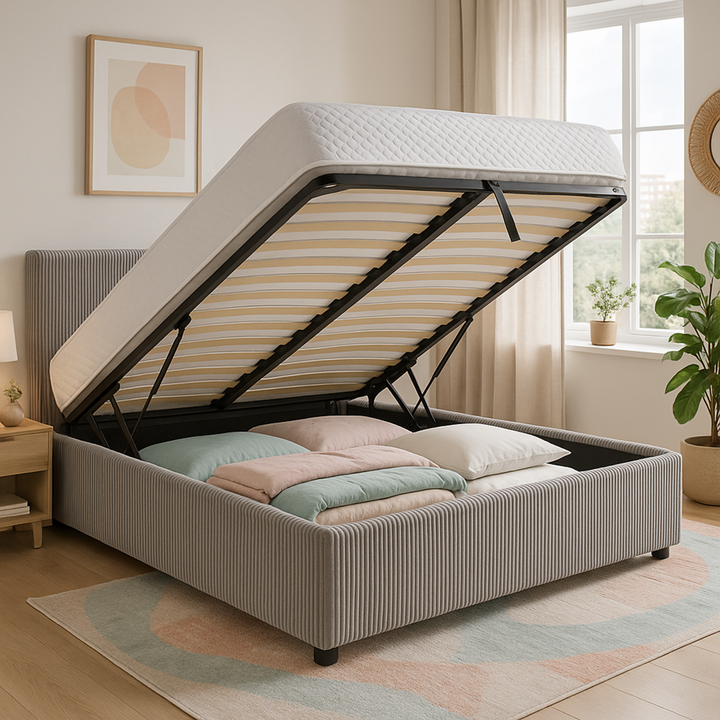 Loft - Lit coffre velours côtelé avec tête de lit et grand coffre