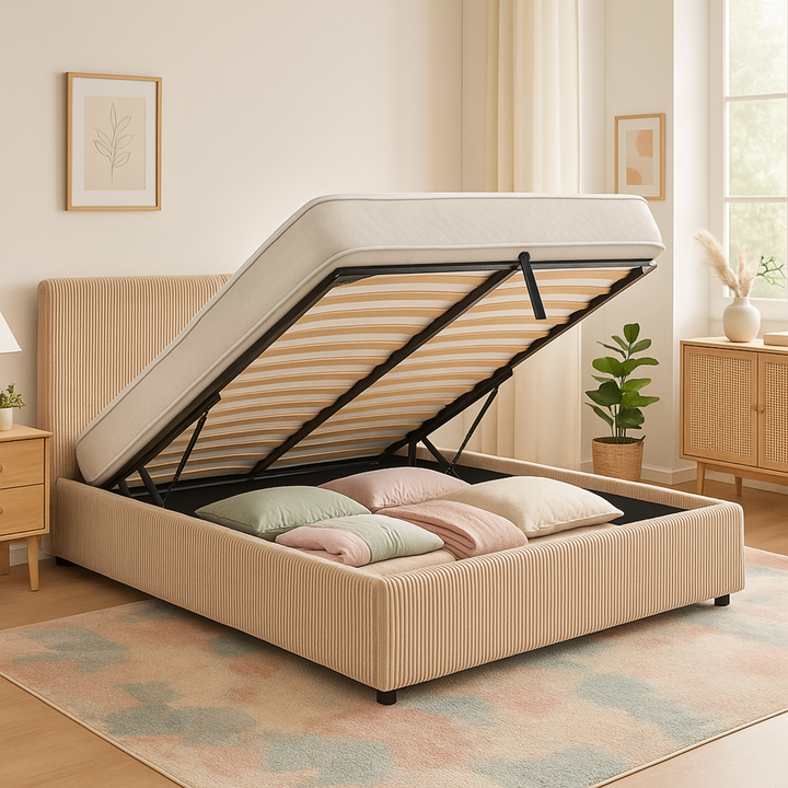 Loft - Lit coffre velours côtelé avec tête de lit et grand coffre