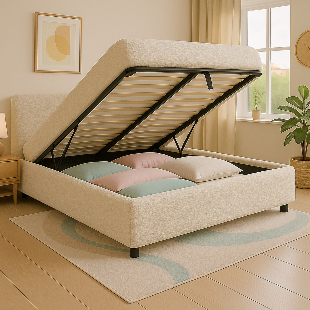 Loft - Lit coffre bouclette avec tête de lit et grand coffre