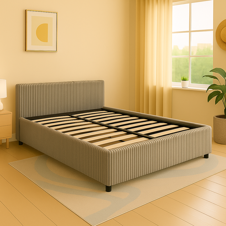 Loft - Lit coffre velours côtelé avec tête de lit et grand coffre