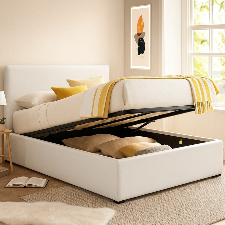 Loft - Lit coffre simili cuir avec tête de lit et grand coffre