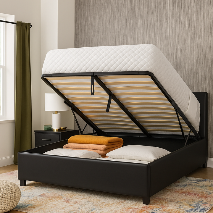 Loft - Lit coffre simili cuir avec tête de lit et grand coffre