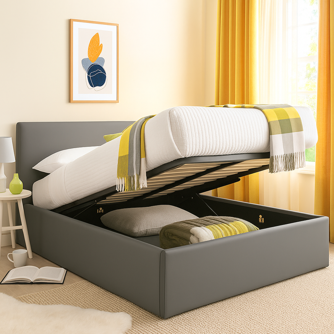 Loft - Lit coffre simili cuir avec tête de lit et grand coffre