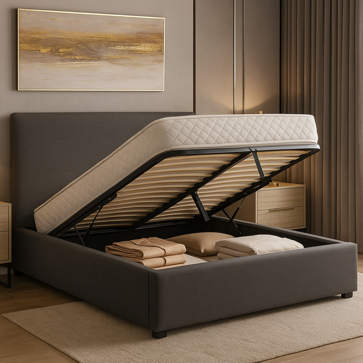 Loft - Lit coffre tissu avec tête de lit et grand coffre