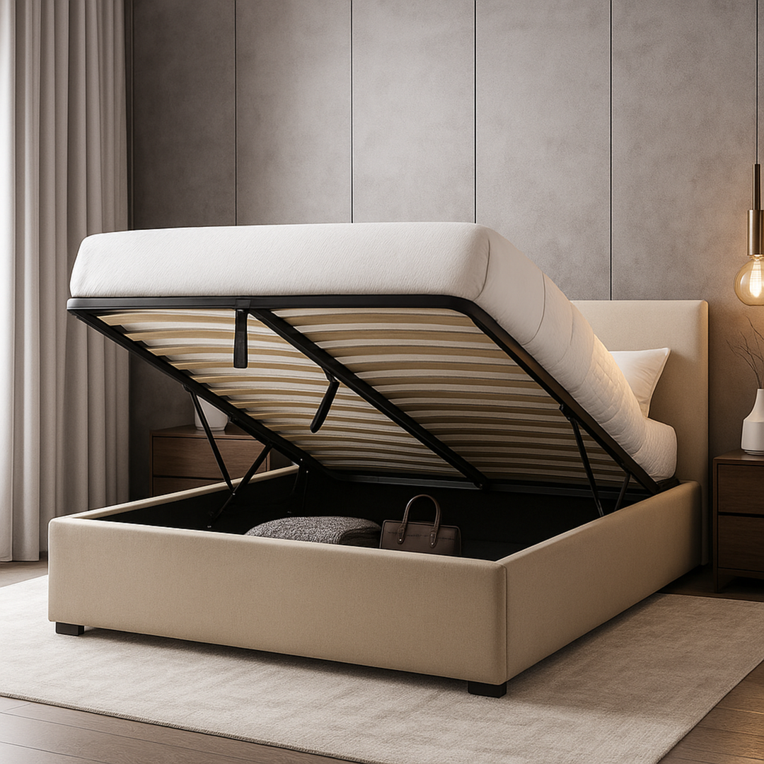 Loft - Lit coffre tissu avec tête de lit et grand coffre