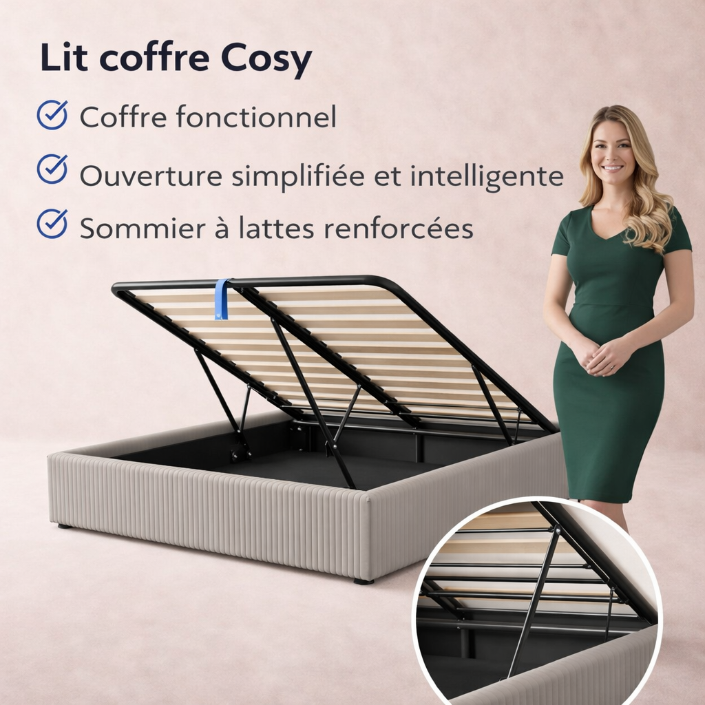 Cosy - Lit coffre innovant et cadre de lit en velours côtelé Gris