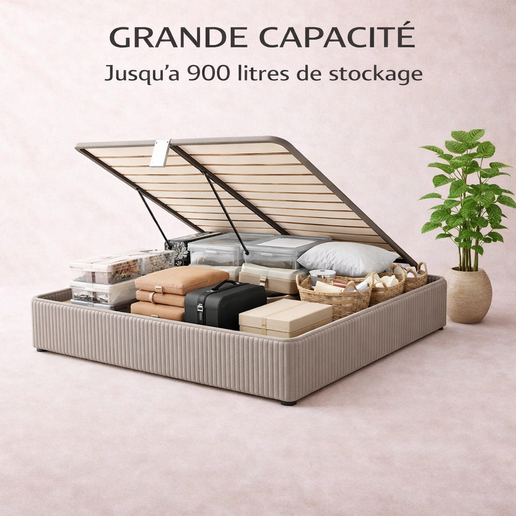 Cosy - Lit coffre avec sommier et cadre de lit en velours côtelé Gris