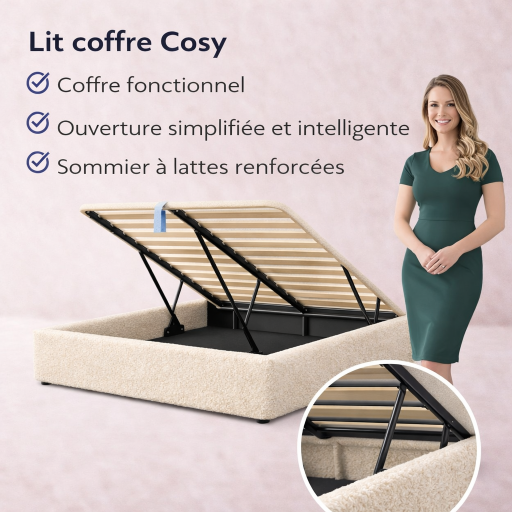 Cosy - Lit coffre innovant et cadre de lit en bouclette Sable