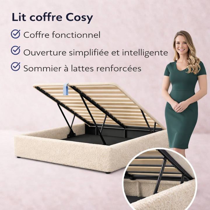 Cosy - Lit coffre innovant et cadre de lit en bouclette Sable