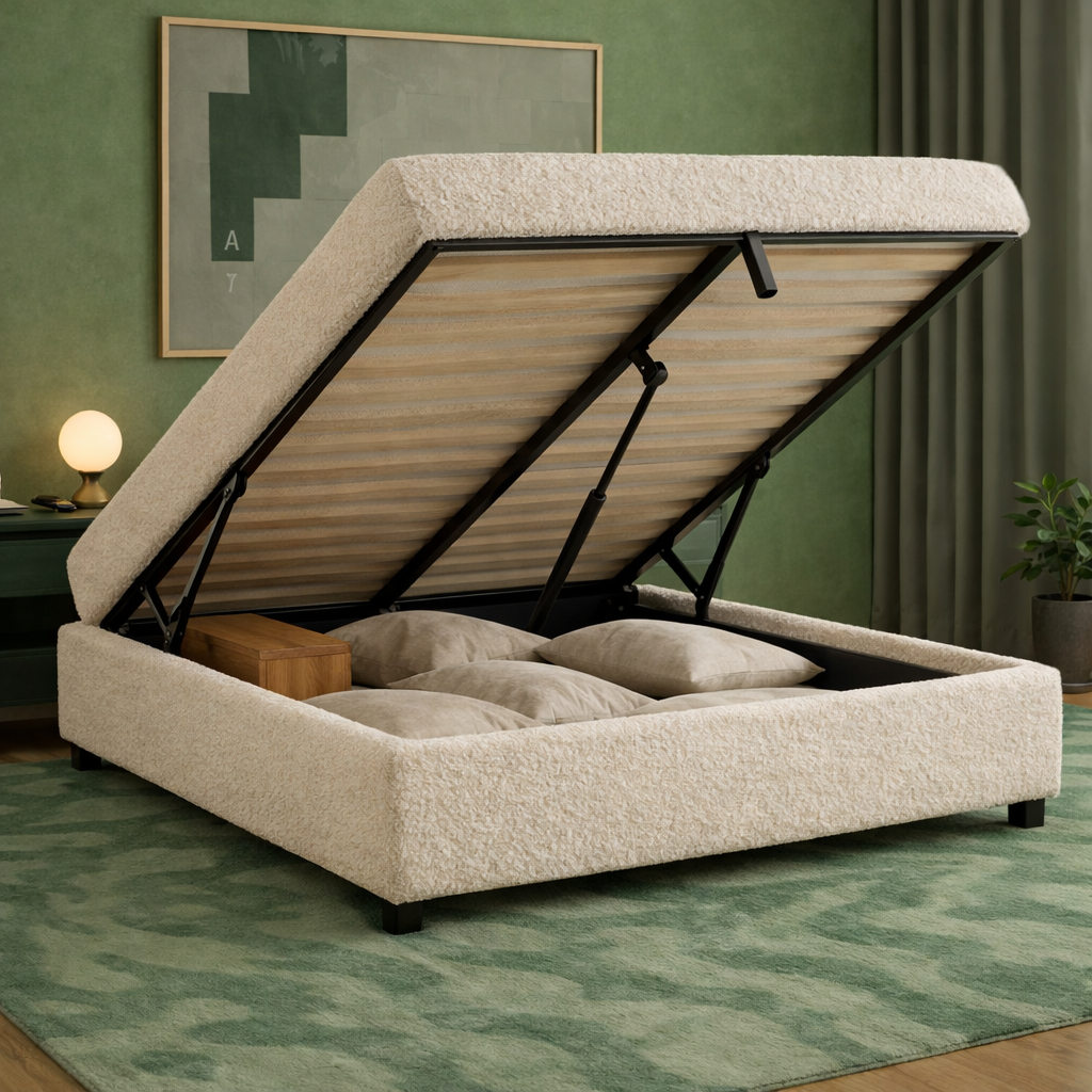 Cosy - Lit coffre électrique et cadre de lit en bouclette Beige
