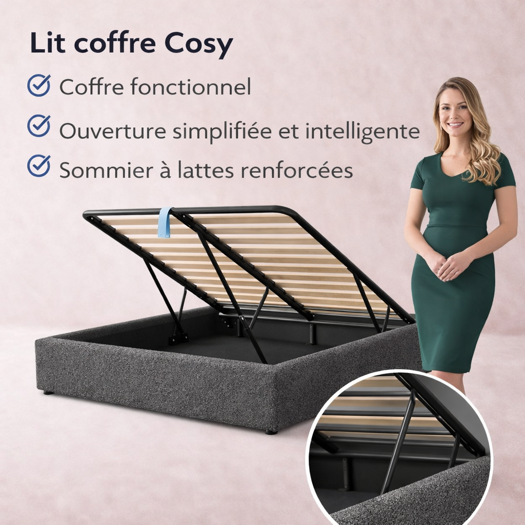 Cosy - Lit coffre innovant et cadre de lit en bouclette Gris