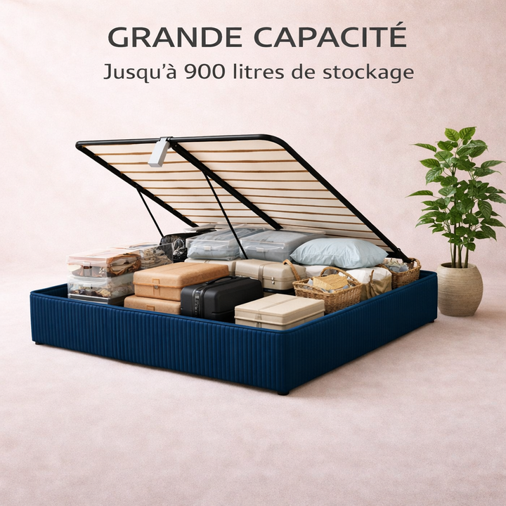 Cosy - Lit coffre avec sommier et cadre de lit en velours côtelé Bleu nuit