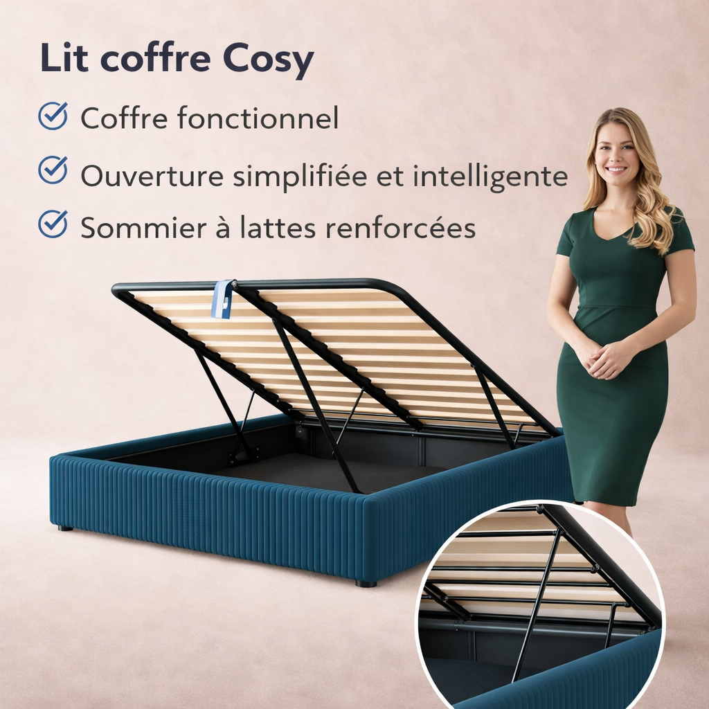Cosy - Lit coffre avec sommier et cadre de lit en velours côtelé Bleu nuit
