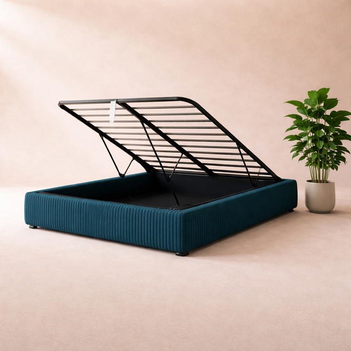 Cosy - Lit coffre avec sommier et cadre de lit en velours côtelé Bleu nuit