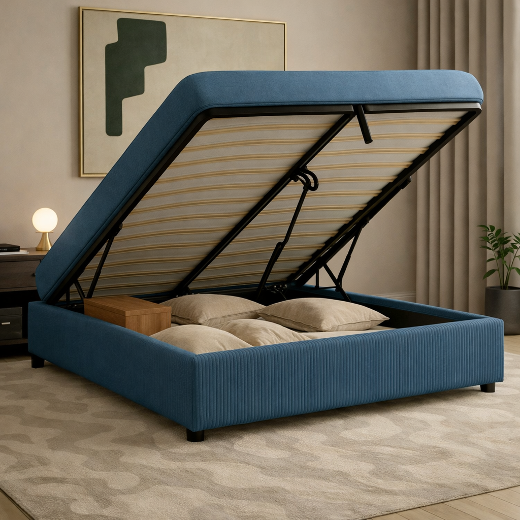 Cosy - Lit coffre avec sommier et cadre de lit en velours côtelé Bleu nuit