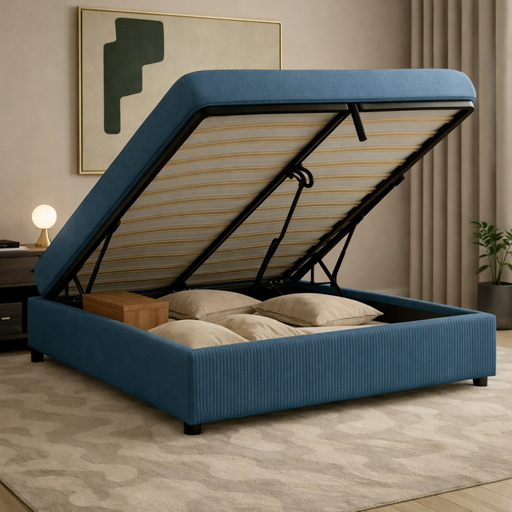 Cosy - Lit coffre avec sommier et cadre de lit en velours côtelé Bleu nuit