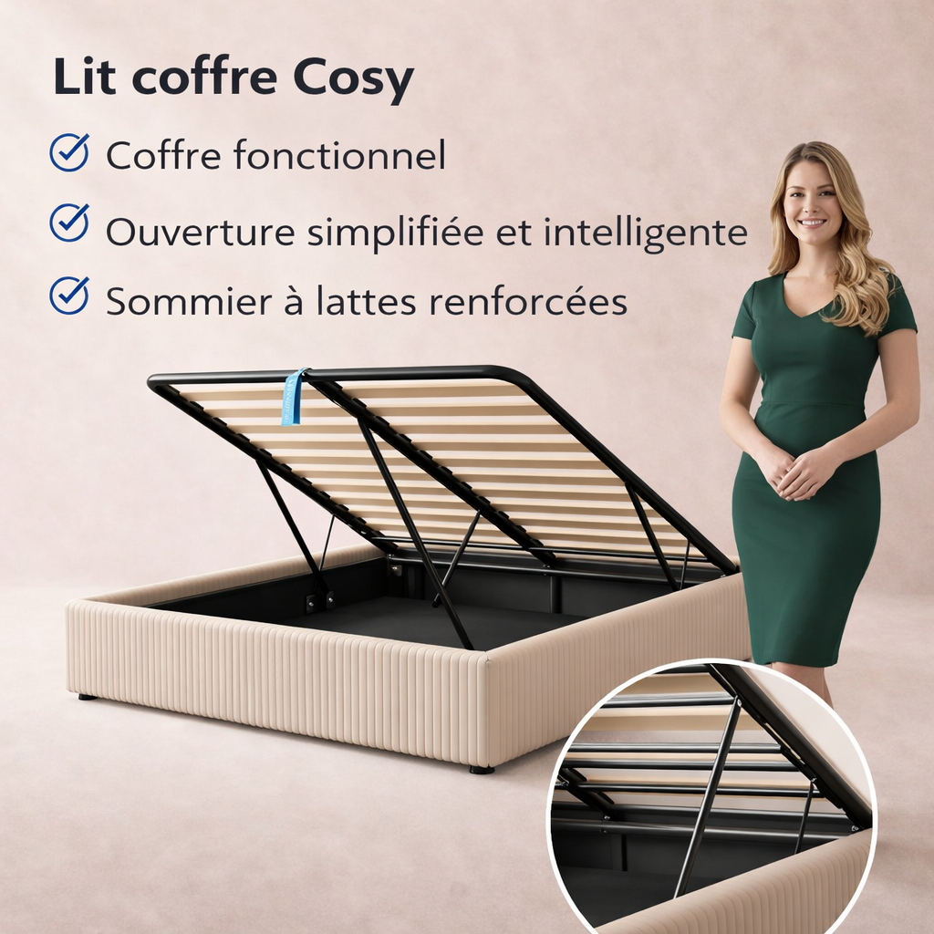 Cosy - Lit coffre innovant et cadre de lit en velours côtelé Sable