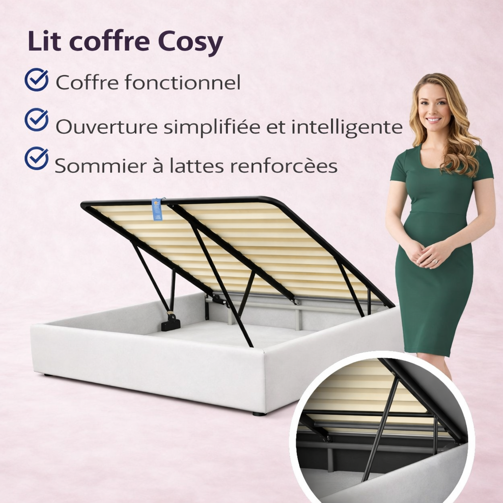 Cosy - Lit coffre avec sommier et cadre de lit en simili cuir Blanc