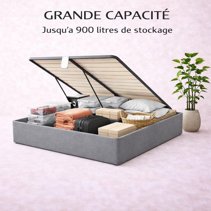 Cosy - Lit coffre électrique et cadre de lit en simili cuir Gris