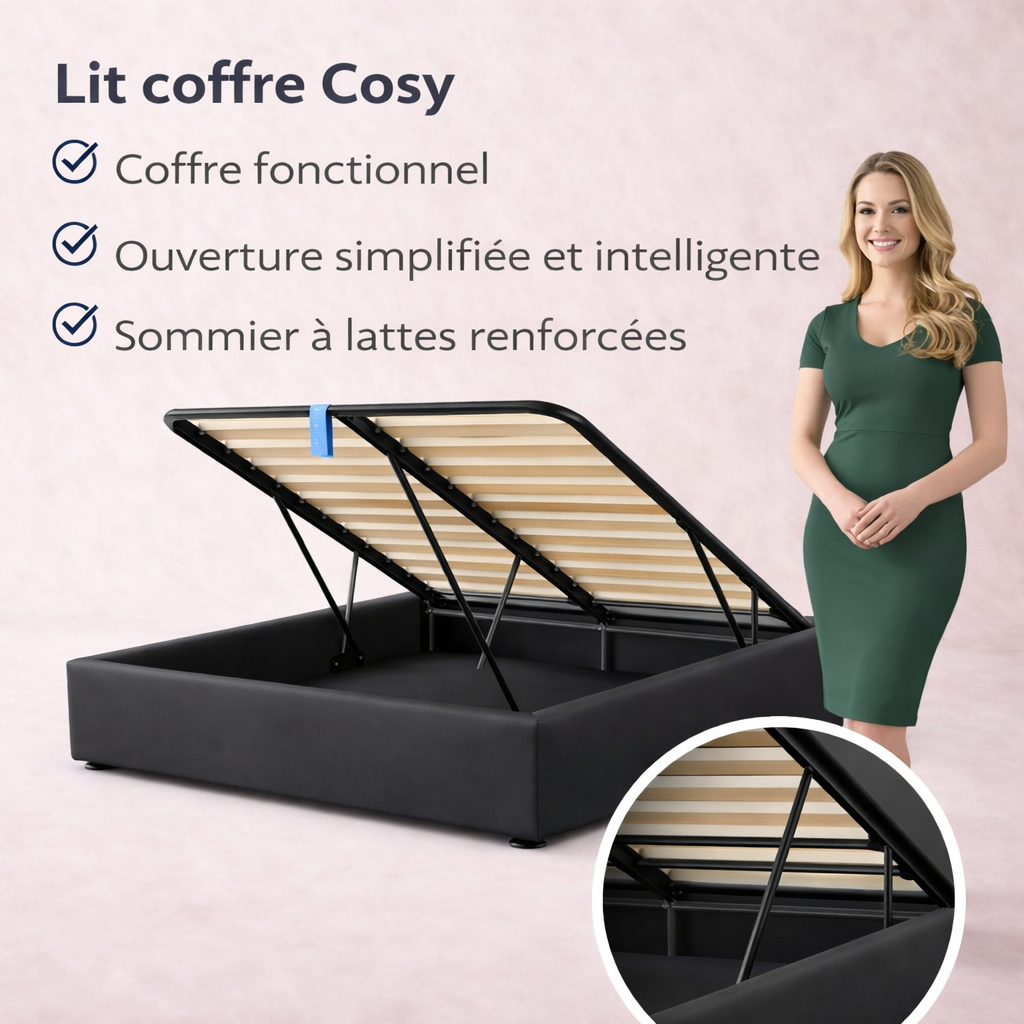 Cosy - Lit coffre avec sommier et cadre de lit en simili cuir Noir