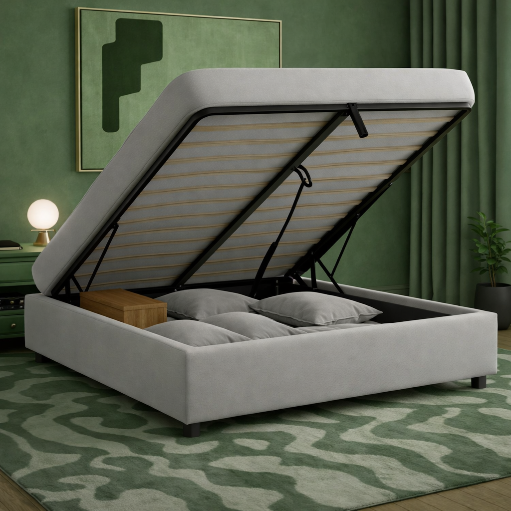 Cosy - Lit coffre électrique et cadre de lit en tissu Gris clair