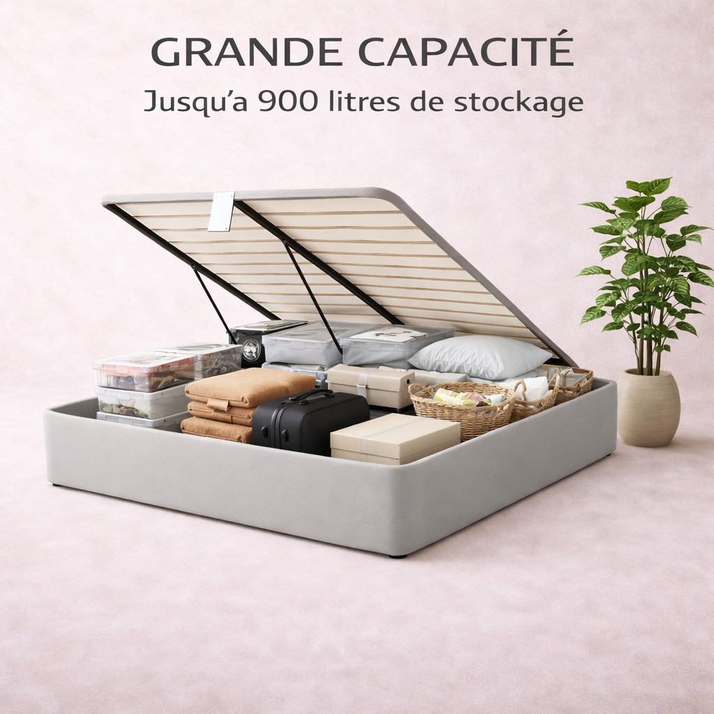 Cosy - Lit coffre électrique et cadre de lit en tissu Gris clair