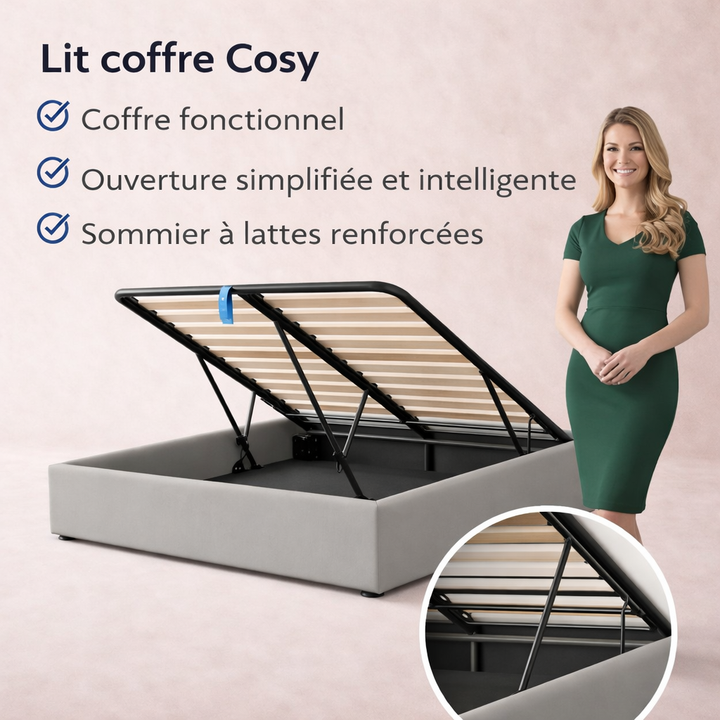 Cosy - Lit coffre avec sommier et cadre de lit en tissu Gris clair