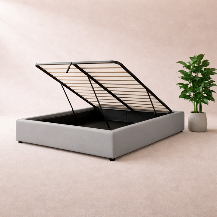 Cosy - Lit coffre électrique et cadre de lit en tissu Gris clair