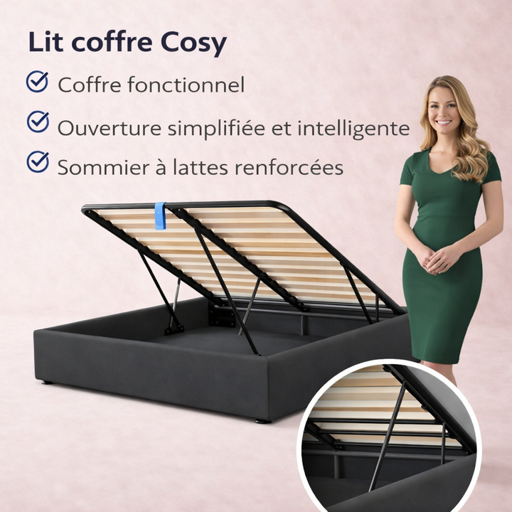 Cosy - Lit coffre innovant et cadre de lit en tissu Gris foncé