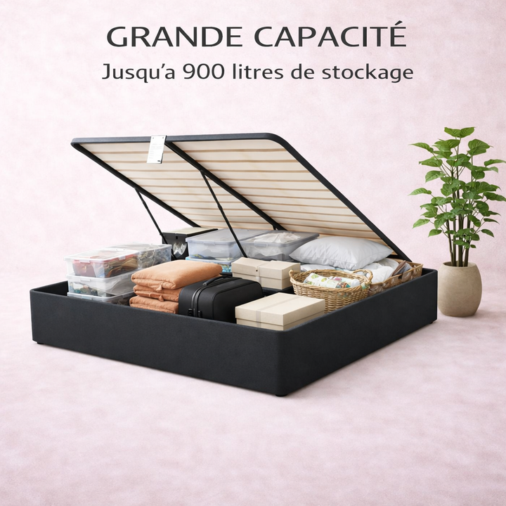 Cosy - Lit coffre avec sommier et cadre de lit en tissu Gris foncé