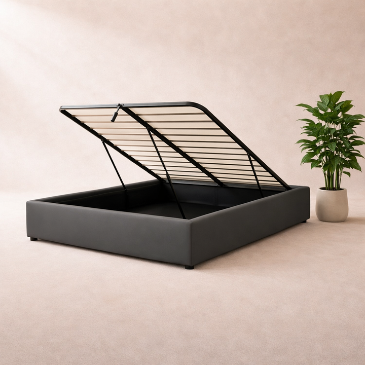 Cosy - Lit coffre innovant et cadre de lit en tissu Gris foncé