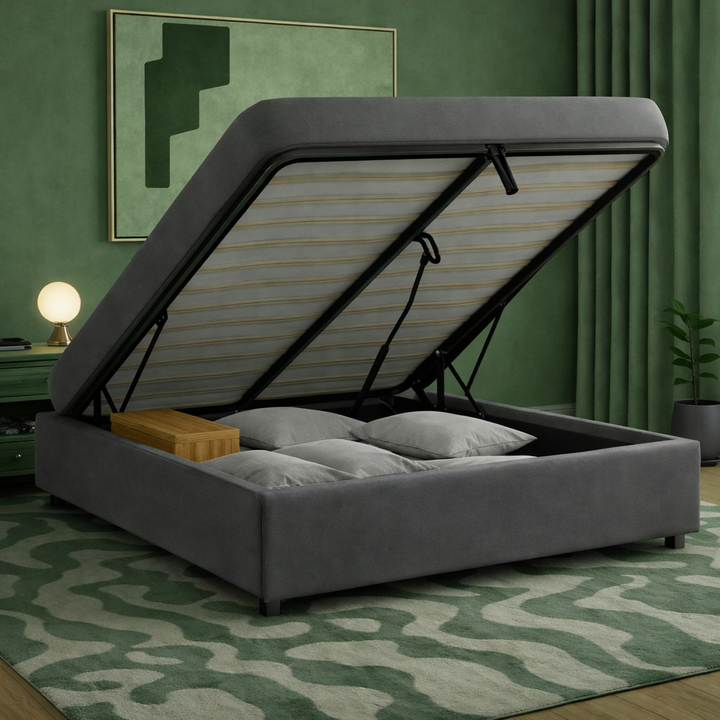 Cosy - Lit coffre innovant et cadre de lit en tissu Gris foncé