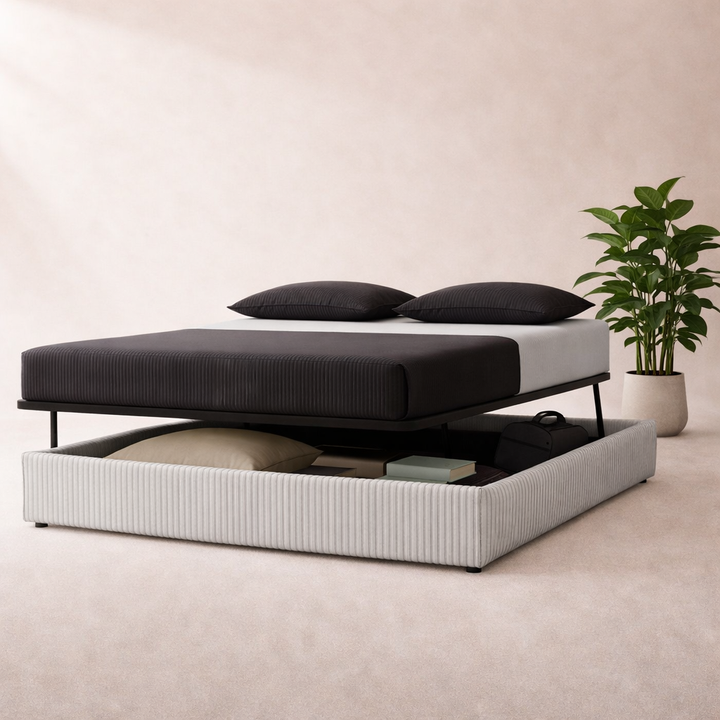 Cosy - Lit coffre innovant et cadre de lit en velours côtelé Gris