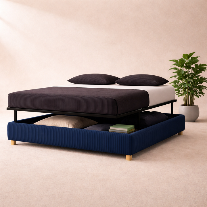 Cosy - Lit coffre innovant et cadre de lit en velours côtelé Bleu nuit