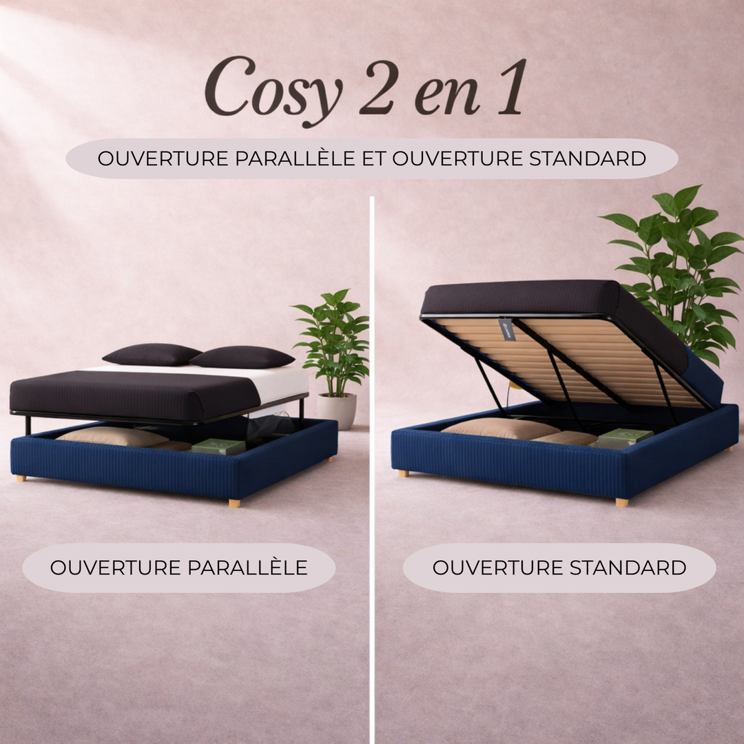Cosy - Lit coffre innovant et cadre de lit en velours côtelé Bleu nuit