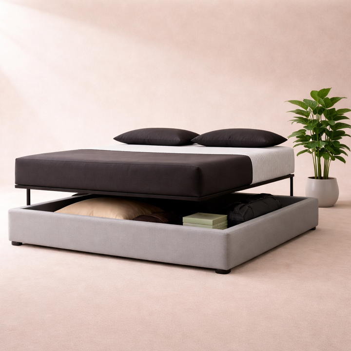 Cosy - Lit coffre innovant et cadre de lit en tissu Gris clair