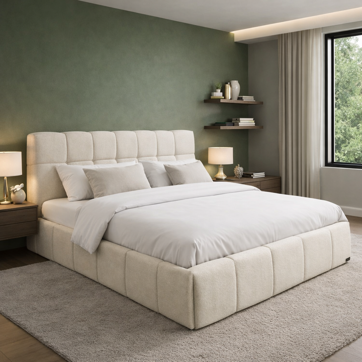 Aneto - Lit coffre tissu chenille, tête de lit, grand espace de stockage