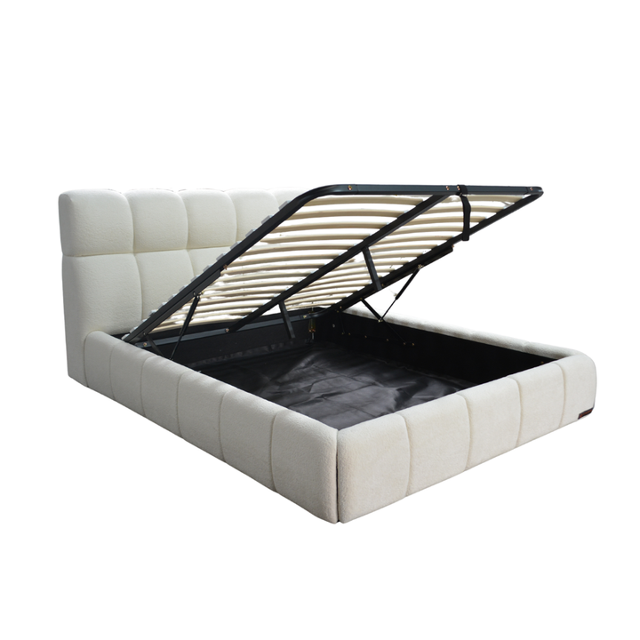 Aneto - Lit coffre tissu chenille, tête de lit, grand espace de stockage