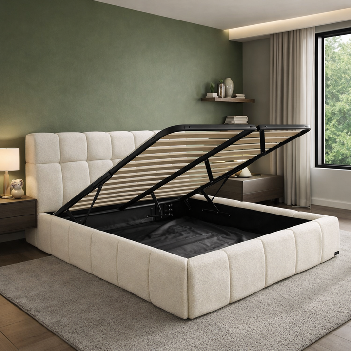 Aneto - Lit coffre tissu chenille, tête de lit, grand espace de stockage