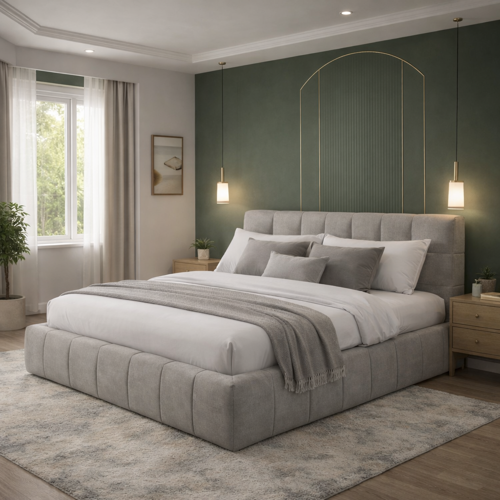 Aneto - Lit coffre tissu chenille, tête de lit, grand espace de stockage