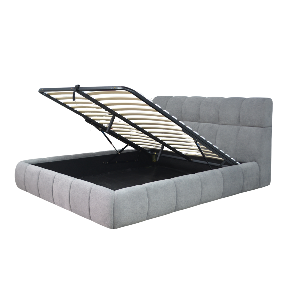 Aneto - Lit coffre tissu chenille, tête de lit, grand espace de stockage