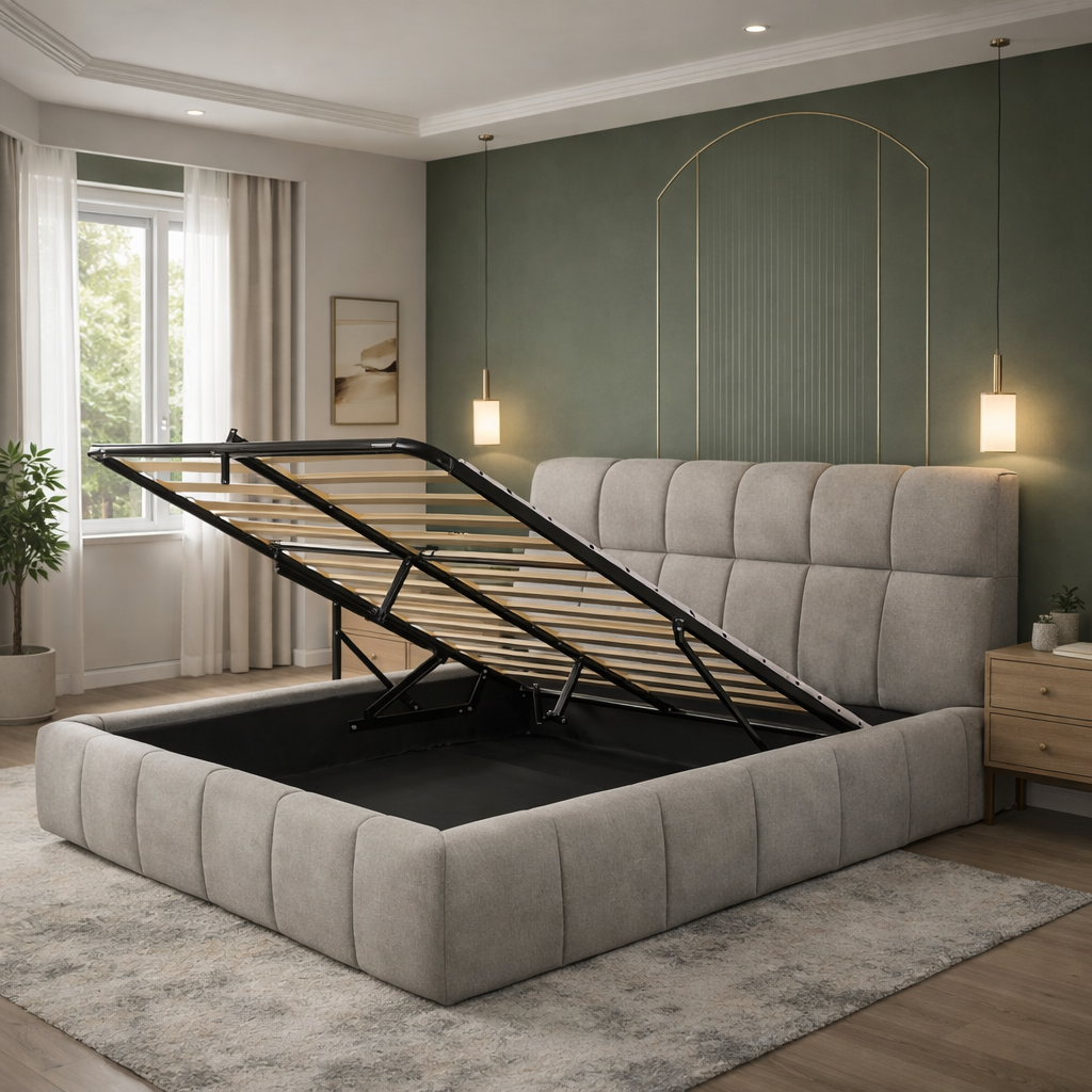 Aneto - Lit coffre tissu chenille, tête de lit, grand espace de stockage