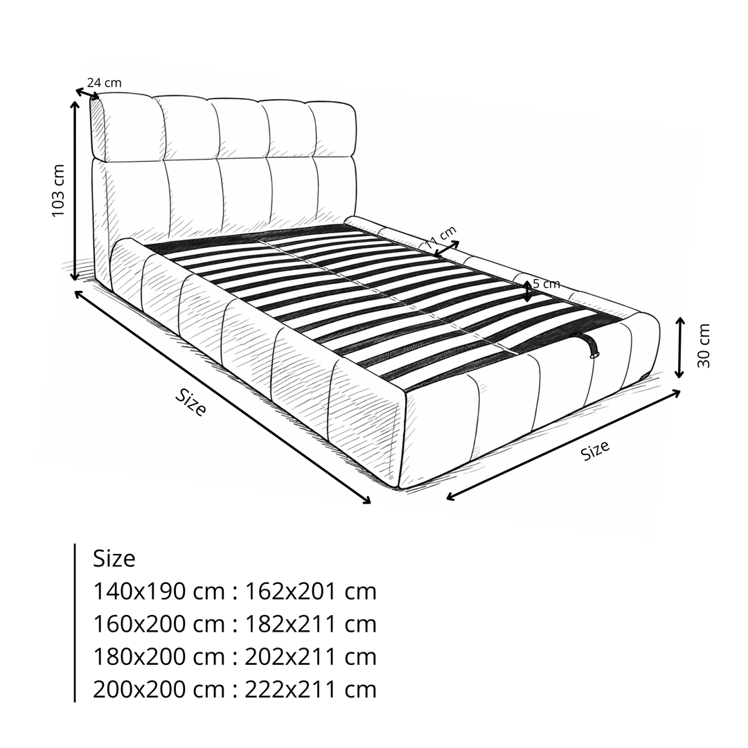 Aneto - Lit coffre tissu chenille, tête de lit, grand espace de stockage