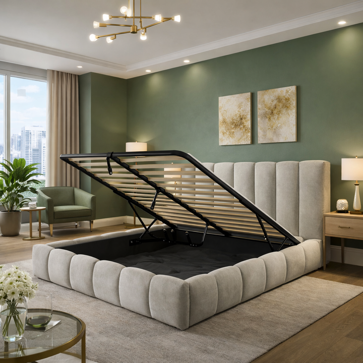 Everest - Lit coffre tissu épais, tête de lit, grand espace de stockage