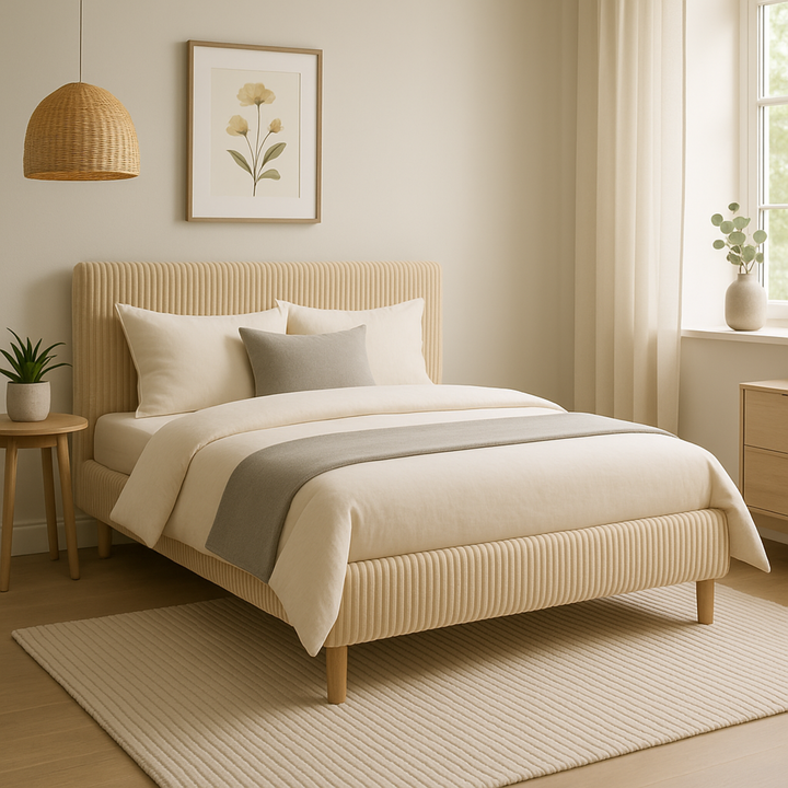 Loft - Lit velours côtelé avec tête de lit design nordique et élégance intemporelle