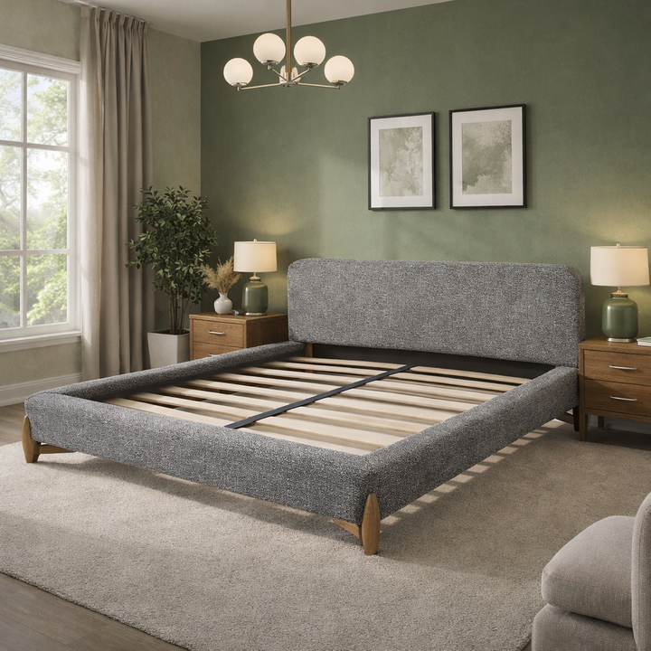 Capucine - Lit avec tête de lit en tissu feutrine et lattes massives