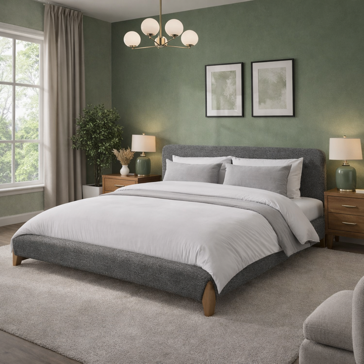 Capucine - Lit avec tête de lit en tissu feutrine et lattes massives